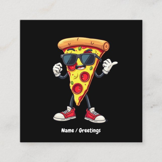 Dancing Pizza Slice A Playful & Delicious Design Square Business Card (Front)