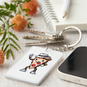 Dancing Pizza Slice - Funny Pixel Art Food Design Keychain