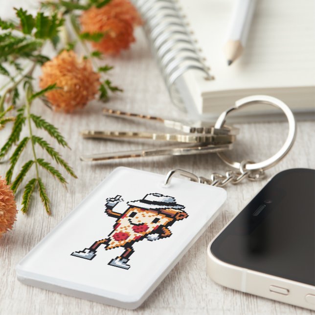 Dancing Pizza Slice - Funny Pixel Art Food Design Keychain (Front Right)