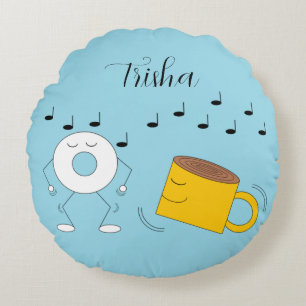 Dancing Powdered Donut & Coffee Mug:  Round Pillow