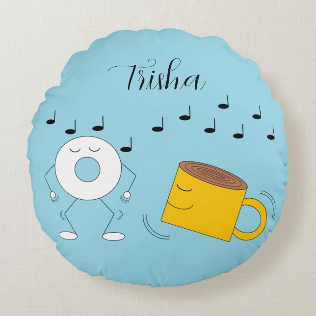 Dancing Powdered Donut & Coffee Mug:  Round Pillow (Front)