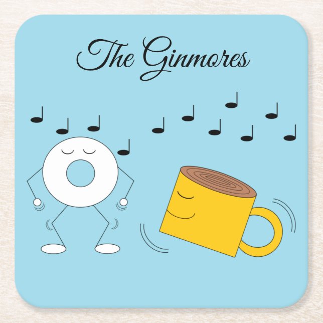 Dancing Powdered Donut & Coffee Mug: Square Paper Coaster (Front)