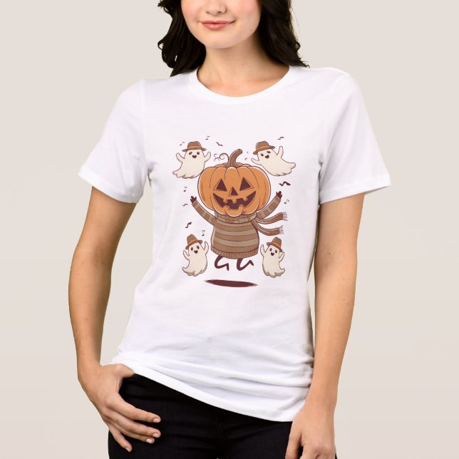 Dancing Pumpkin and Ghost Friends – Halloween Fun Tri-Blend Shirt (Front)