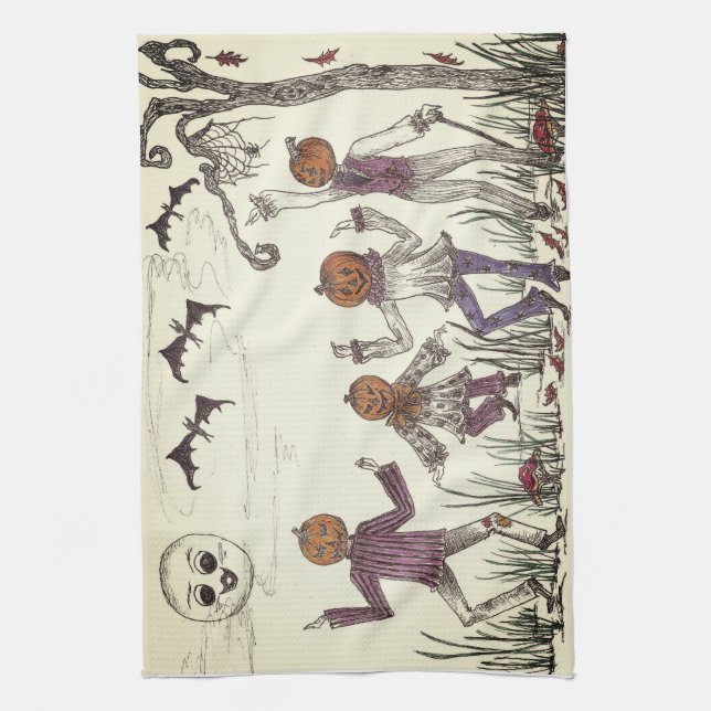 Dancing Pumpkin Folk Kitchen Towel (Vertical)