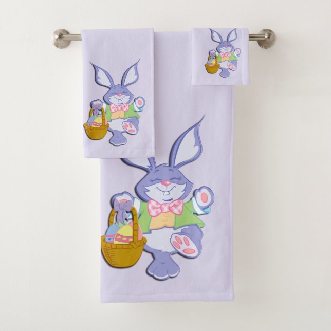 Dancing Purple Easter Bunny Lavender Bath Towel Set (Insitu)