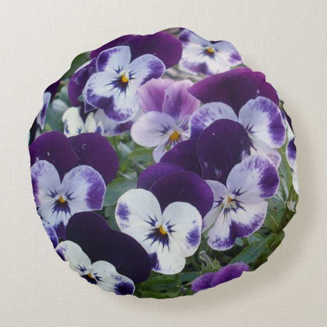 Dancing Purple Pansies, Round Pillow (Back)