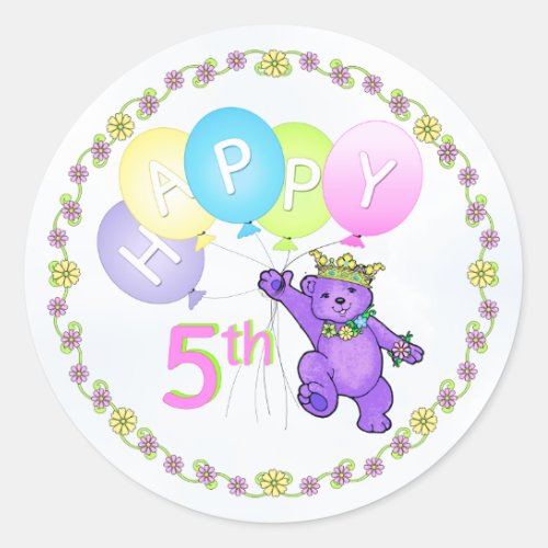 Dancing Purple Princess Bear Happy 5th Birthday Classic Round Sticker
