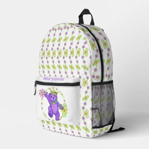 Dancing Purple Princess Teddy Bear Printed Backpack