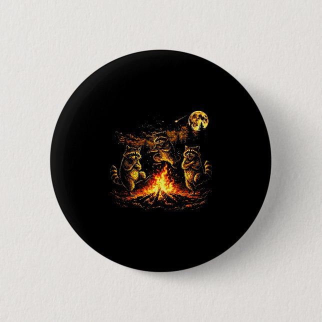Dancing raccoons campfire forest moon funny button (Front)
