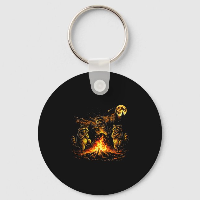 Dancing raccoons campfire forest moon funny keychain (Front)