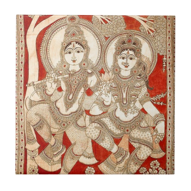 DANCING RADHA KRISHNA KALAMKARI ART OF INDIA CERAMIC TILE (Front)