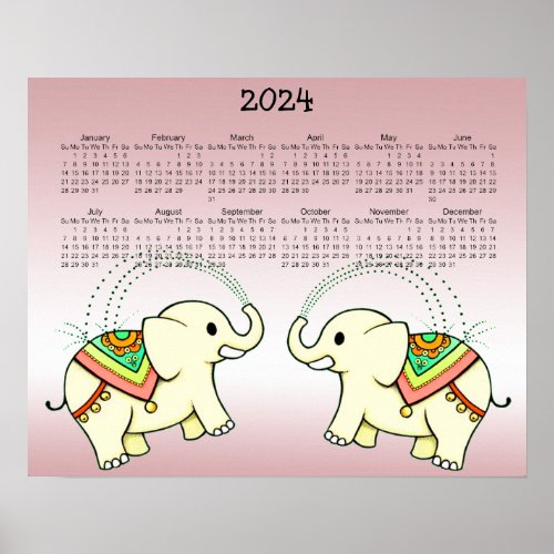 Dancing Rainbow Elephants 2024 Calendar Poster