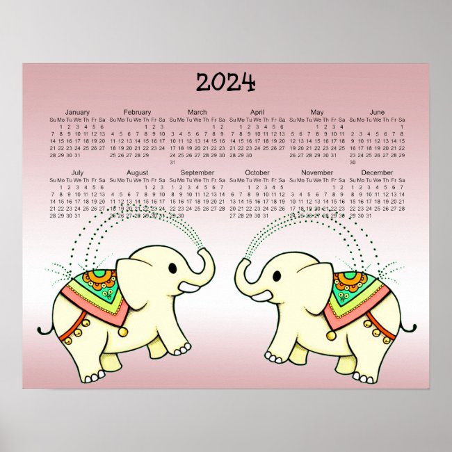 Dancing Rainbow Elephants 2024 Calendar Poster