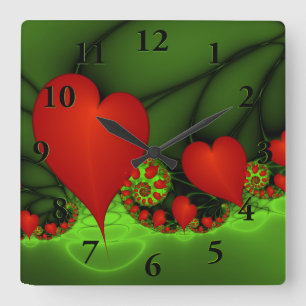 Dancing Red Hearts Modern Abstract Fractal Art Square Wall Clock