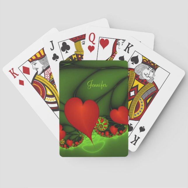 Dancing Red Hearts Modern Abstract Fractal Name Poker Cards (Back)