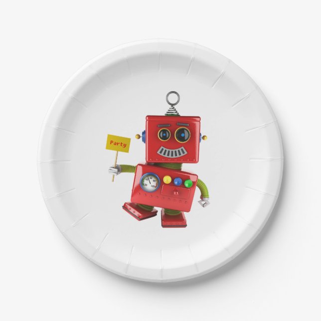 Dancing red toy robot with party sign paper plates (Front)