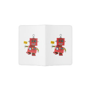 Dancing red toy robot with party sign passport holder