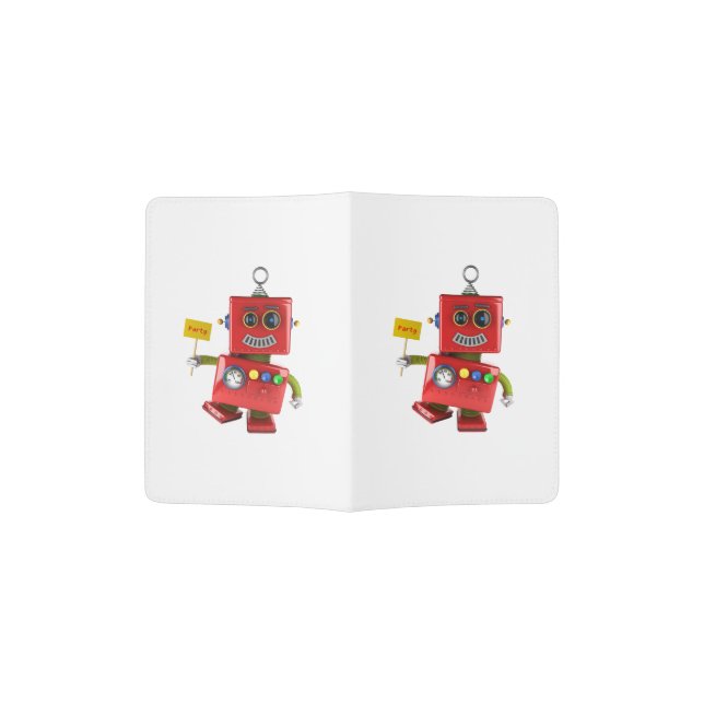 Dancing red toy robot with party sign passport holder (Opened)