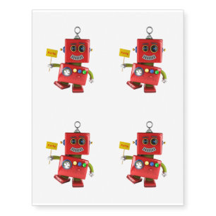 Dancing red toy robot with party sign temporary tattoos