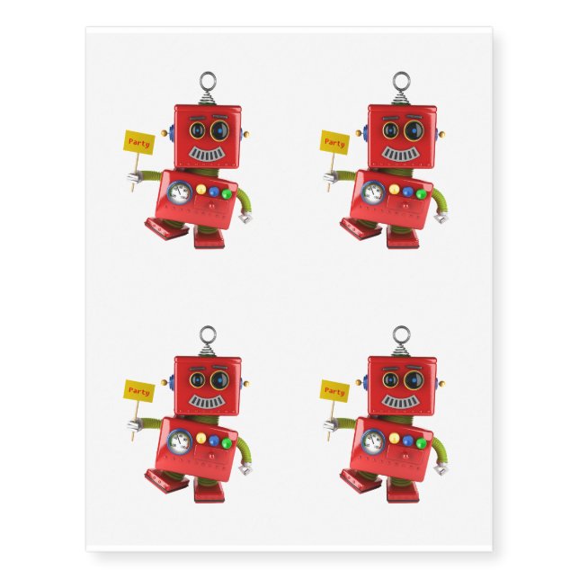Dancing red toy robot with party sign temporary tattoos (Front)
