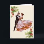 Dancing Romantic Couple with Mistletoe & Holly Card<br><div class="desc">A romantic,  dancing couple framed with mistletoe and holly in the corners,  on a light beige background.  The greeting inside,  "Meet me under the mistletoe!  Merry Christmas to my love." is a template object,  and may be changed to a personal message to your special someone.</div>