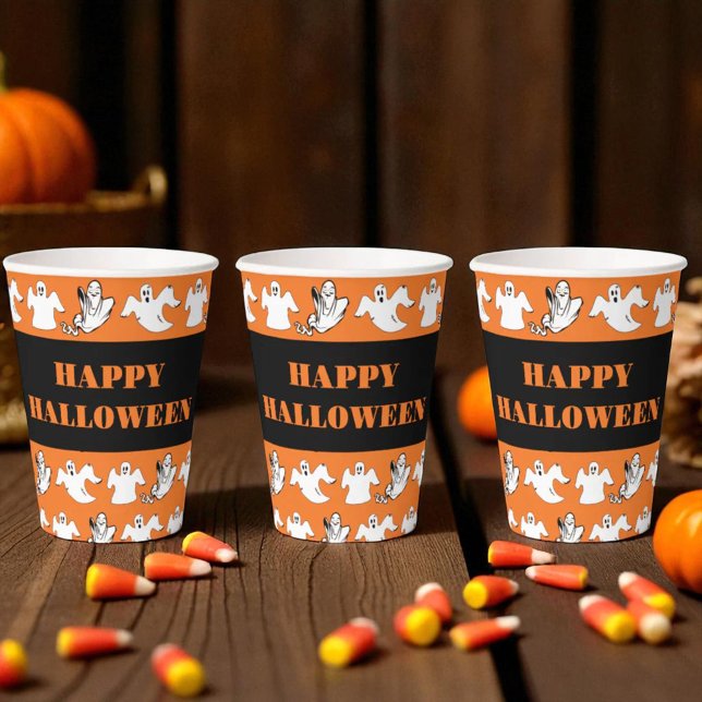Dancing Rows Of Flying Ghosts Halloween Party Paper Cups (template ghost pattern halloween paper cup design)