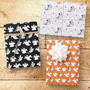 Dancing Rows Of Flying Ghosts Halloween Wrapping Paper Sheets