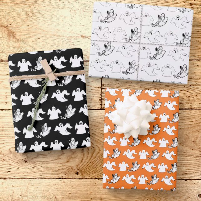 Dancing Rows Of Flying Ghosts Halloween  Wrapping Paper Sheets (Dancing ghost Halloween three sheet gift wrap )