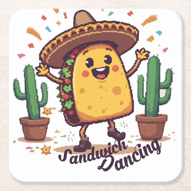 Dancing Sandwich Fiesta Square Paper Coaster (Front)