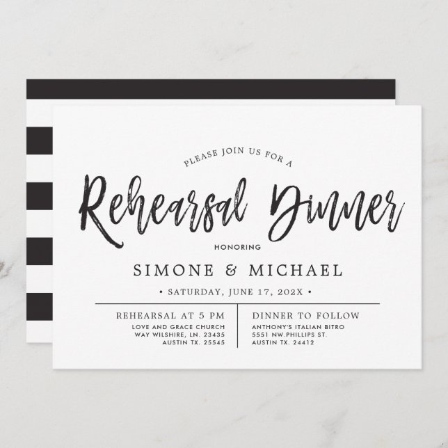 Dancing Script Black | White Rehearsal Dinner Invitation (Front/Back)