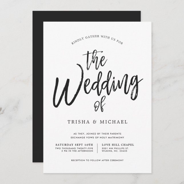Dancing Script Black|White Wedding Invitation (Front/Back)