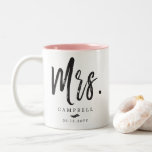 Dancing Script Lettering | Mr. and Mrs. Two-Tone Coffee Mug<br><div class="desc">Celebrate your wedding or your soon coming wedding day with this unique coffee mug that celebrates your name change.  It features the preposition "Mrs." followed by the new last name. 

A great gift to give the bride during her ceremony or during a Wedding after party.</div>