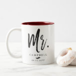 Dancing Script Lettering Mr. and Mrs. Two-Tone Coffee Mug<br><div class="desc">Celebrate your wedding or your soon coming wedding day with this unique coffee mug that celebrates your name change.  It features the preposition "Mrs." followed by the new last name. 

A great gift to give the groom after the ceremony or during a Wedding after party.</div>