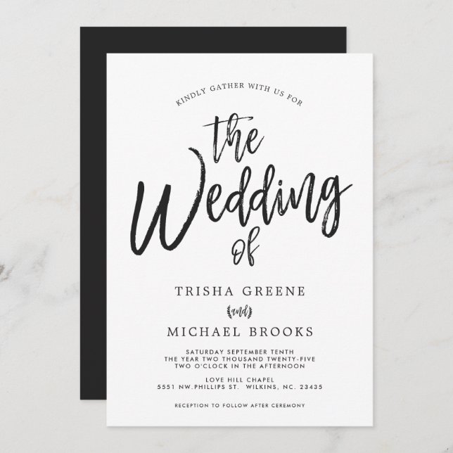 Dancing Script Styled Black|White Wedding Invitation (Front/Back)