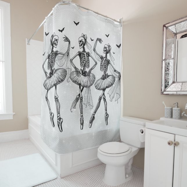 Dancing Skeleton Ballerina Halloween White Glitter Shower Curtain (In Situ)