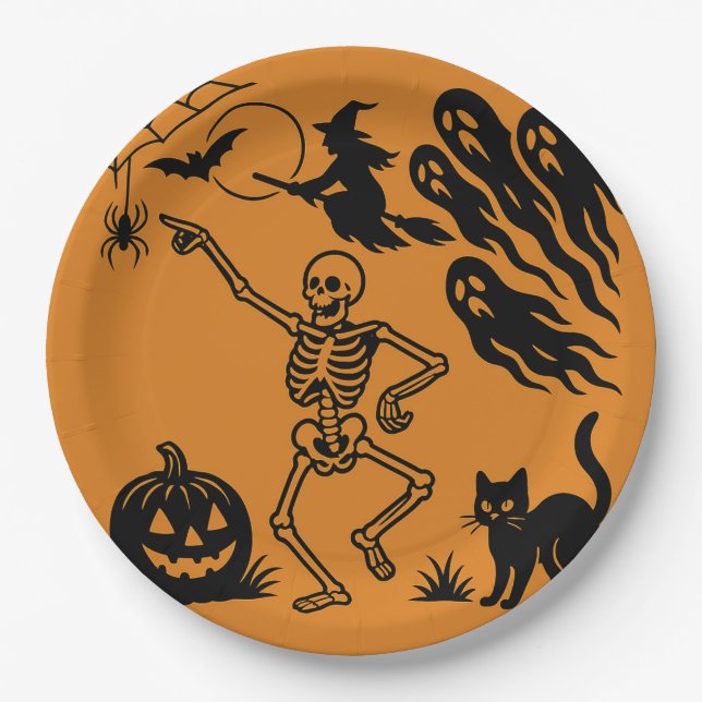 Dancing Skeleton & Black Cat Halloween Paper Plate (Front)