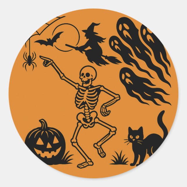 Dancing Skeleton & Black Cat Halloween Sticker (Front)