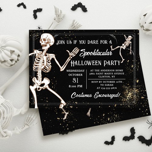 Dancing Skeleton Black Gold Halloween Party Invitation