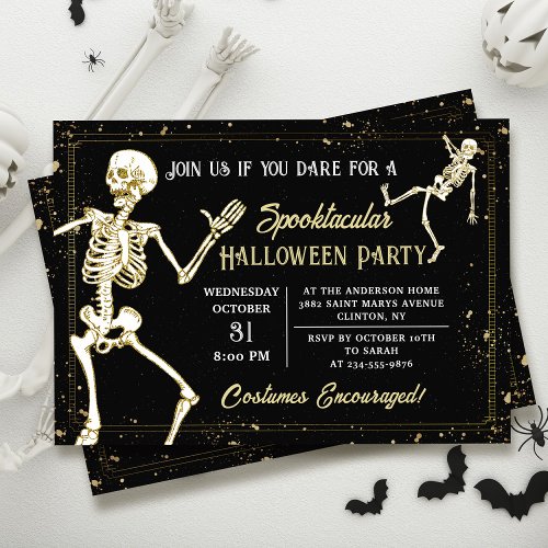 Dancing Skeleton Black Gold Halloween Party Invitation