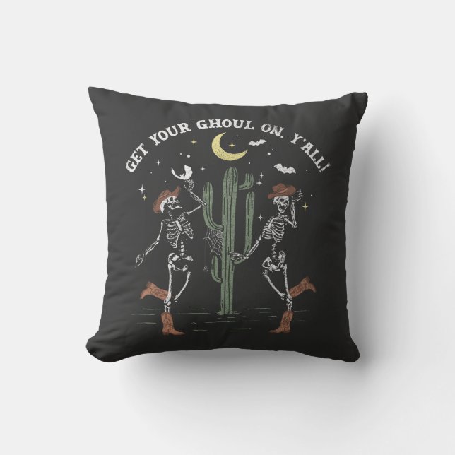 Dancing Skeleton Boot Scooting Western Halloween Throw Pillow (Front)