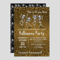 Dancing Skeleton Gold Glitter Halloween Party Invitation