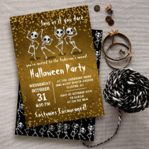 Dancing Skeleton Gold Glitter Halloween Party Invitation