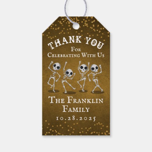 Dancing Skeleton Gold Glitter Halloween Thank You Gift Tags