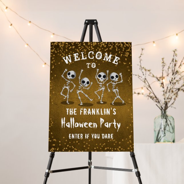 Dancing Skeleton Gold Glitter Halloween Welcome Foam Board (In Situ (Stand))