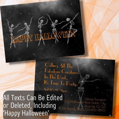 Dancing skeleton Halloween Party black and orange Invitation