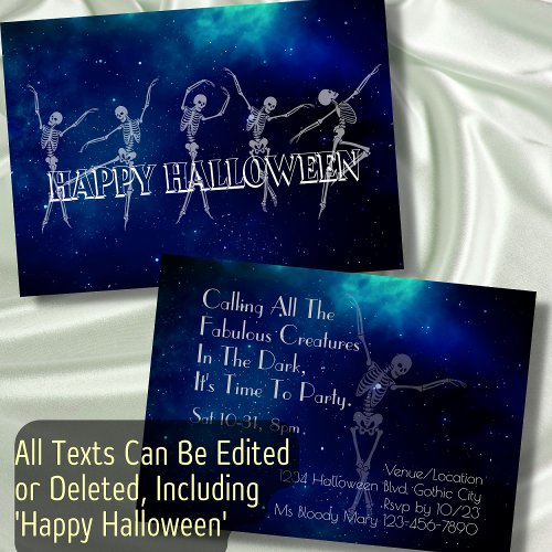Dancing Skeleton Halloween Party Dance Party Blue Invitation