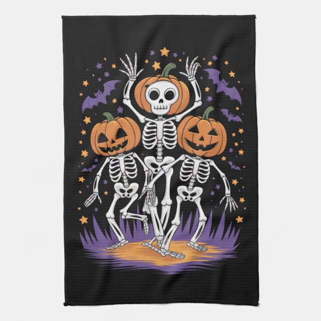 Dancing Skeleton Halloween Pumpkin  Kitchen Towel (Vertical)