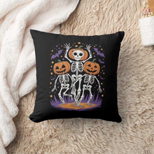 Dancing Skeleton Halloween Pumpkin  Throw Pillow (Blanket)