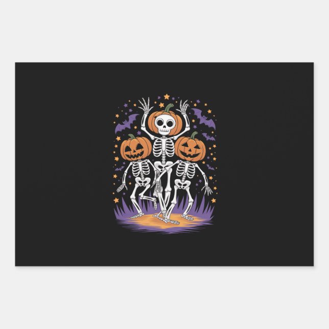 Dancing Skeleton Halloween Pumpkin  Wrapping Paper Sheets (Front)