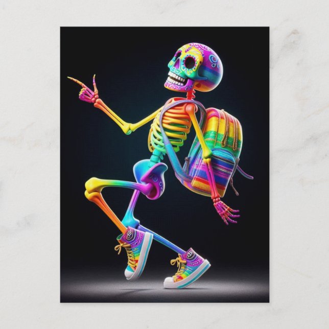 Dancing skeleton in rainbow colors postcard (Front)